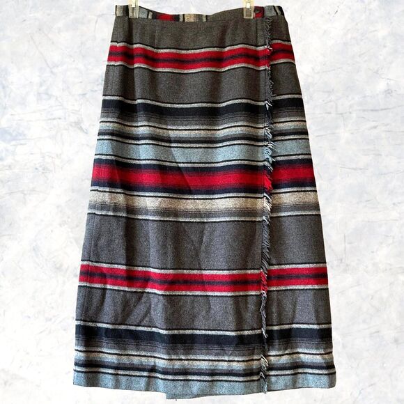 Vintage Rafaella Wool Blanket Wrap Skirt Striped Grey Red Blue-Women's 12 Petite - Picture 1 of 6